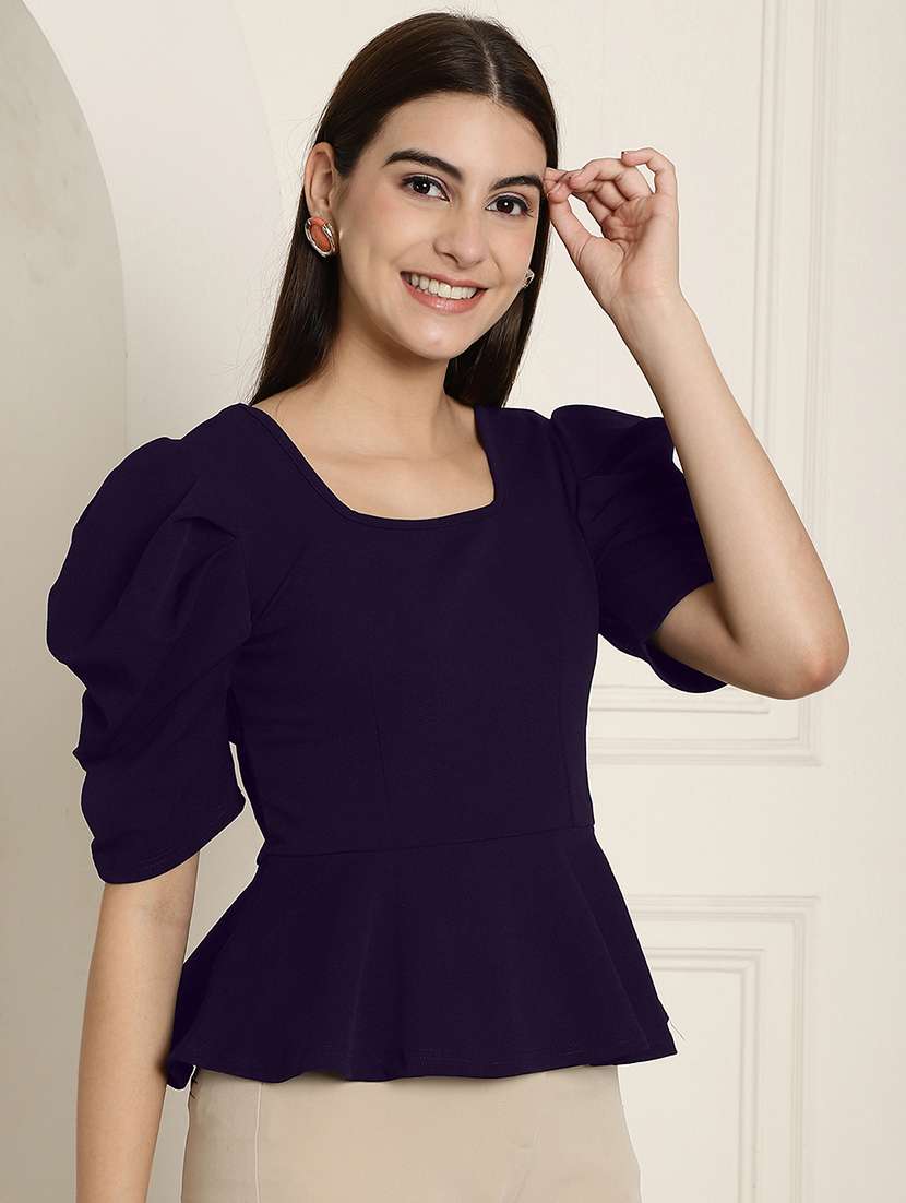 women solid puff sleeves peplum top - 22578875 -  Standard Image - 2
