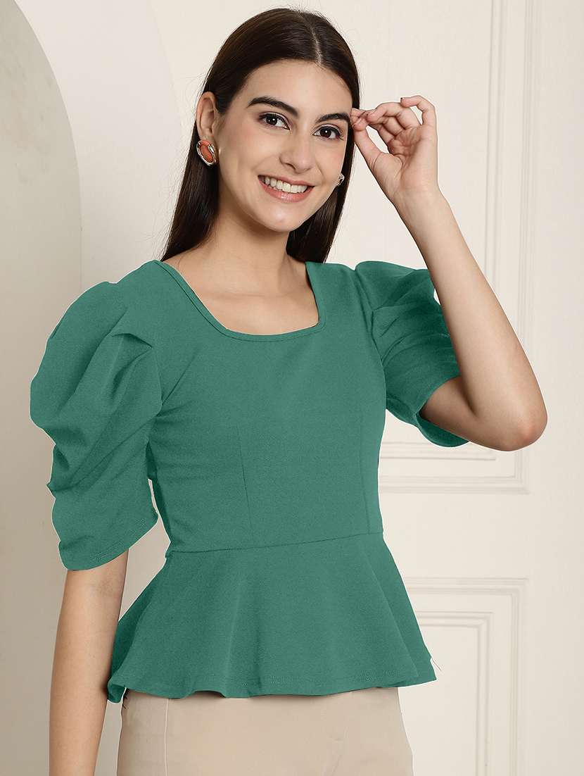 women solid puff sleeves peplum top - 22578876 -  Standard Image - 2