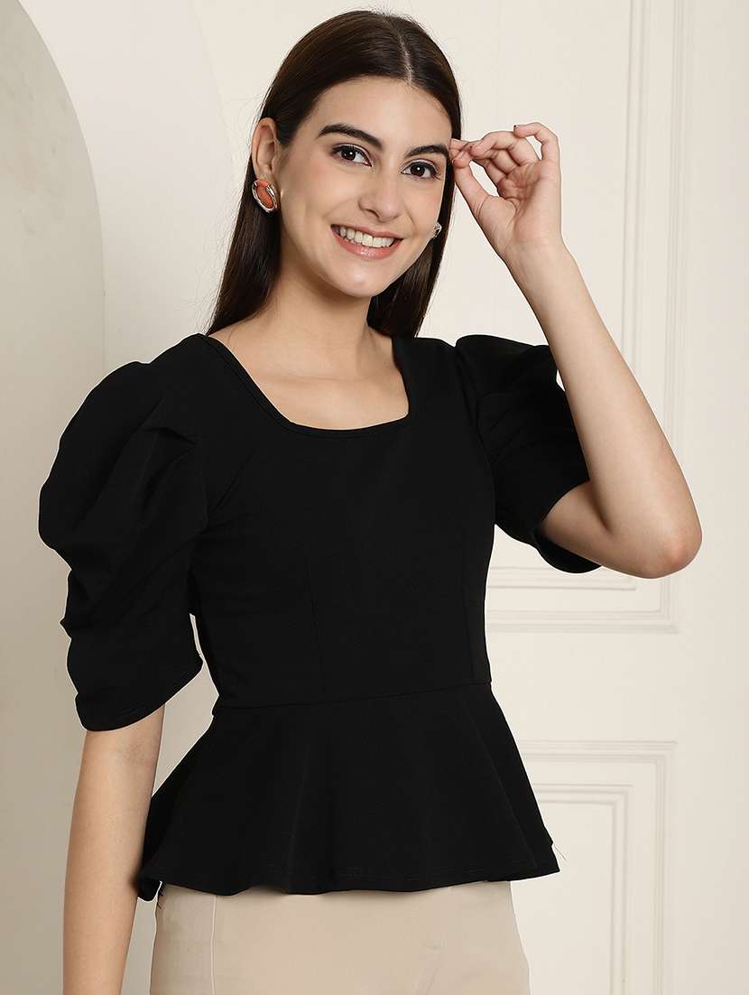 women solid puff sleeves peplum top - 22578877 -  Standard Image - 2