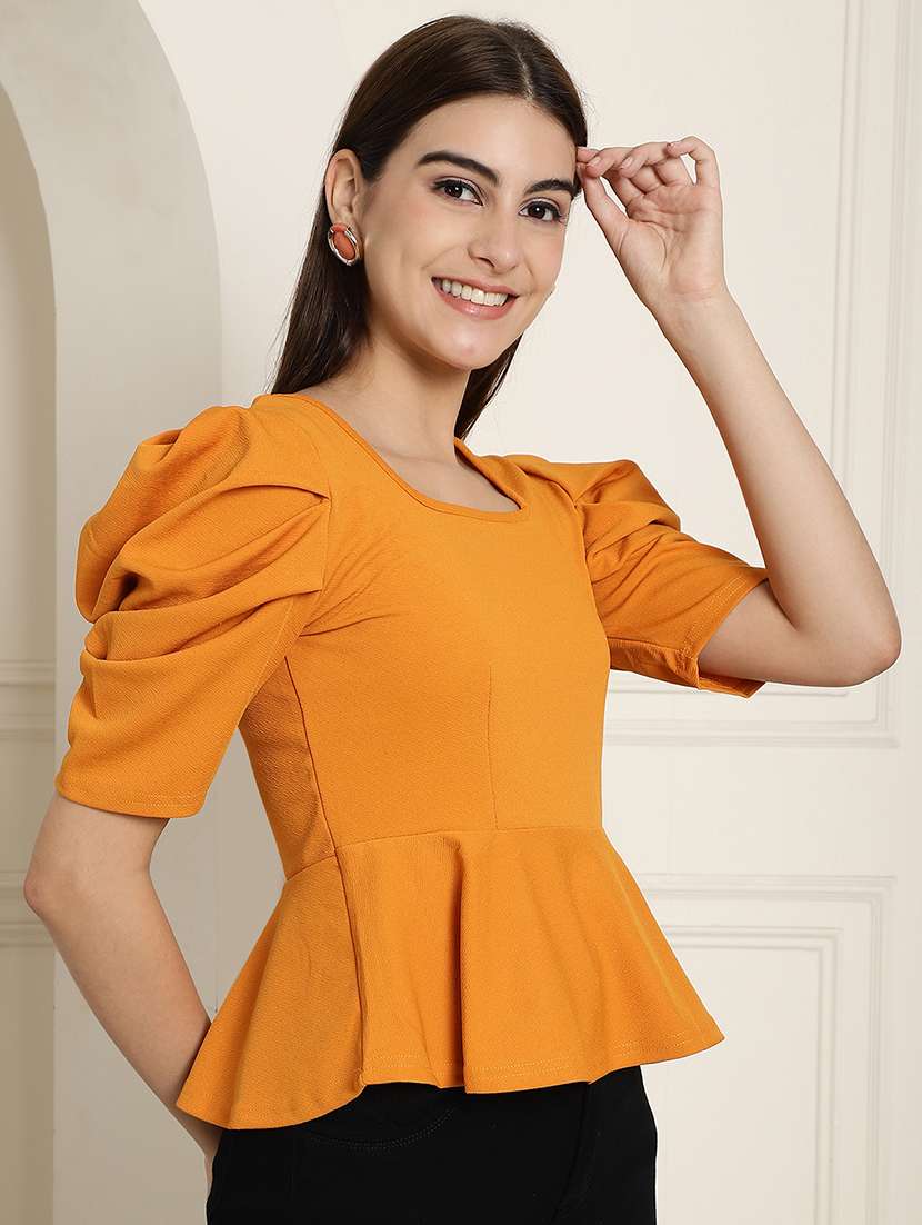 women solid puff sleeves peplum top - 22578878 -  Standard Image - 2