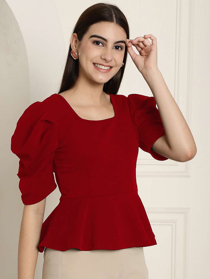 women solid puff sleeves peplum top - 22578879 -  Standard Image - 2