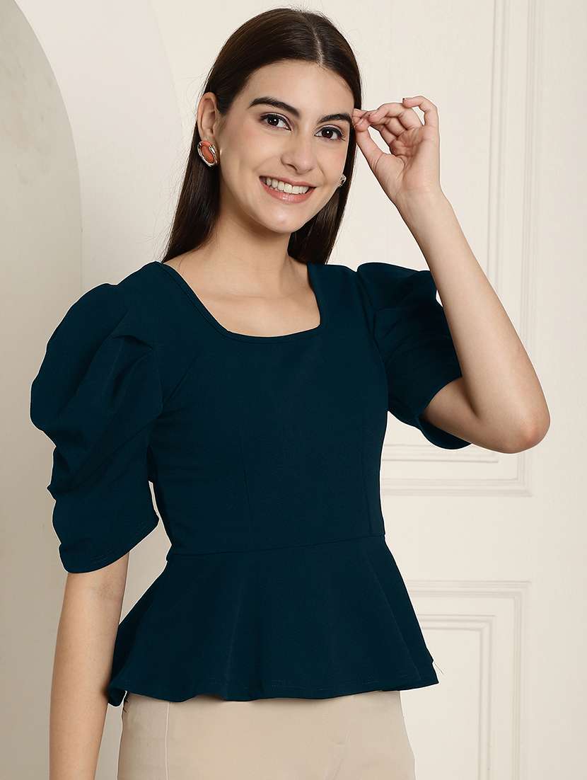 women solid puff sleeves peplum top - 22578881 -  Standard Image - 2
