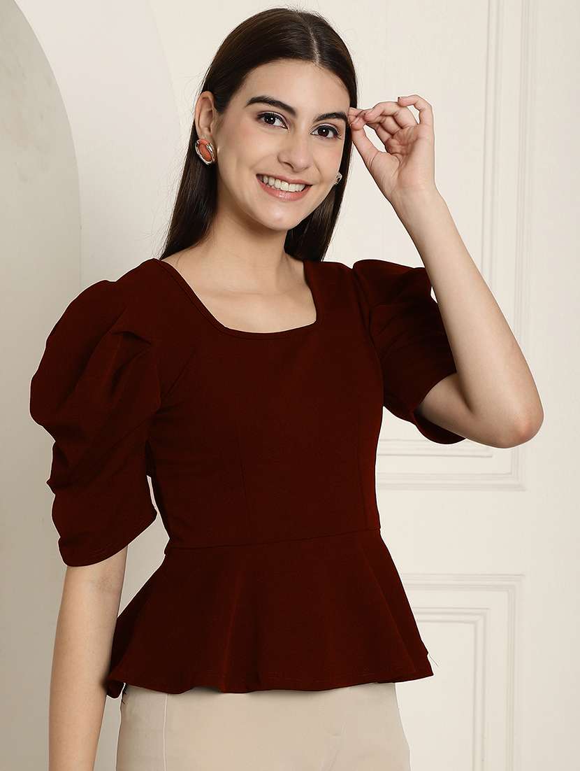 women solid puff sleeves peplum top - 22578882 -  Standard Image - 2