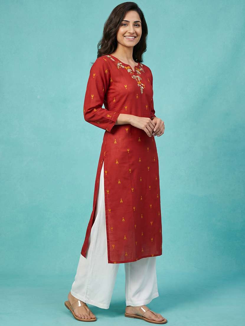 Women Embroidered Three Quarter Sleeves Straight Kurta - 22578885 -  Standard Image - 2