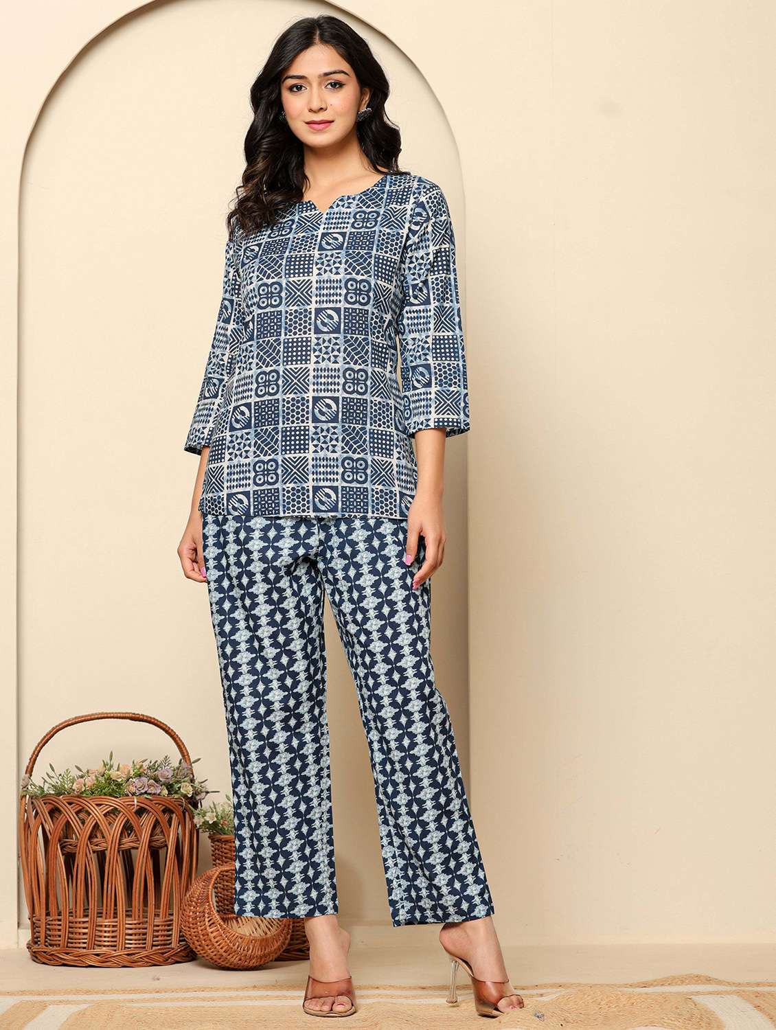 women printed three quarter sleeves ethnic co-ord set - 22579049 -  Standard Image - 2
