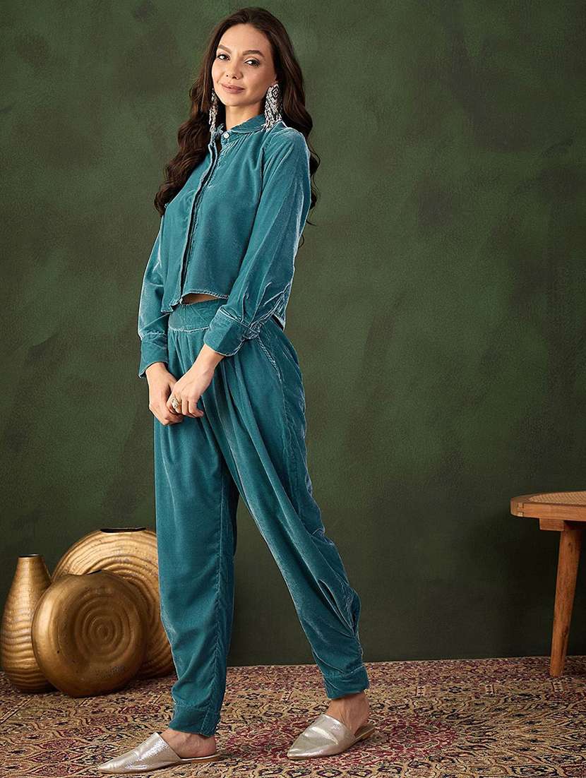 women solid long sleeves shirt and trouser co-ord set - 22579057 -  Standard Image - 2