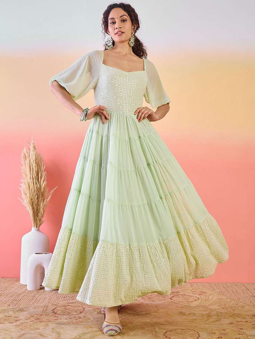 women embroidered flared sleeves tiered dress