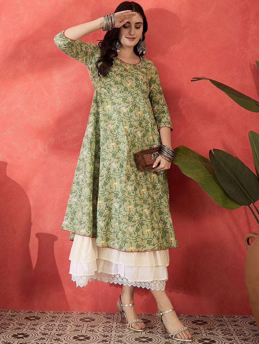 women printed three quarter sleeves layered dress