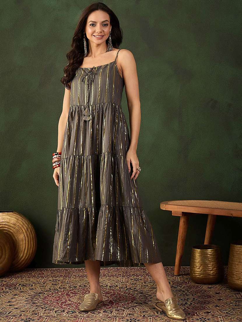 Women Self Design Shoulder Strap Tiered Dress - 22579155 -  Standard Image - 2