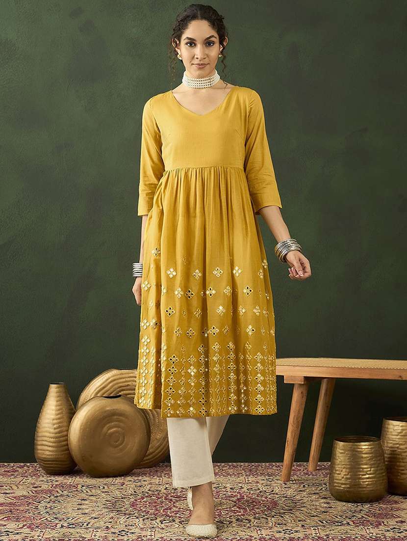 women solid with work three quarter sleeve anarkali kurta - 22579181 -  Standard Image - 2