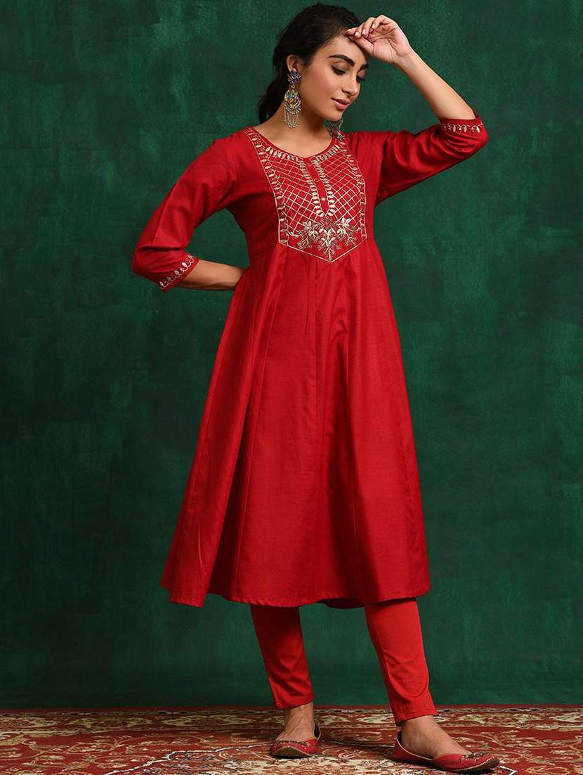 women solid with work three quarter sleeve anarkali kurta - 22579182 -  Standard Image - 2