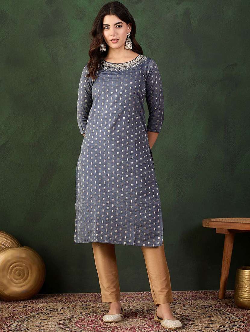 women self design three quarter sleeve straight kurta - 22579183 -  Standard Image - 2
