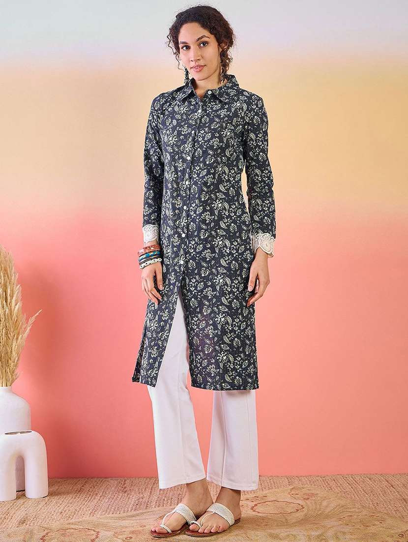 women printed long sleeve high-low kurta  - 22579185 -  Standard Image - 2