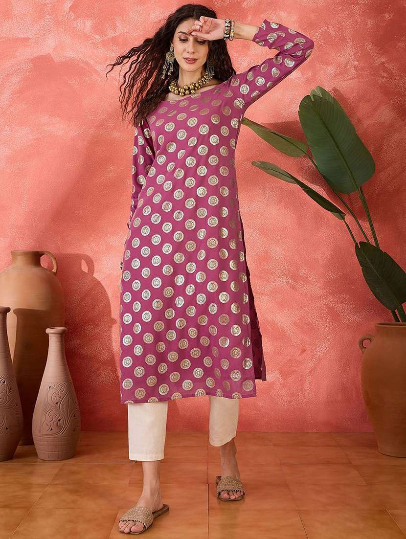 women printed three quarter sleeves straight kurta - 22579187 -  Standard Image - 2