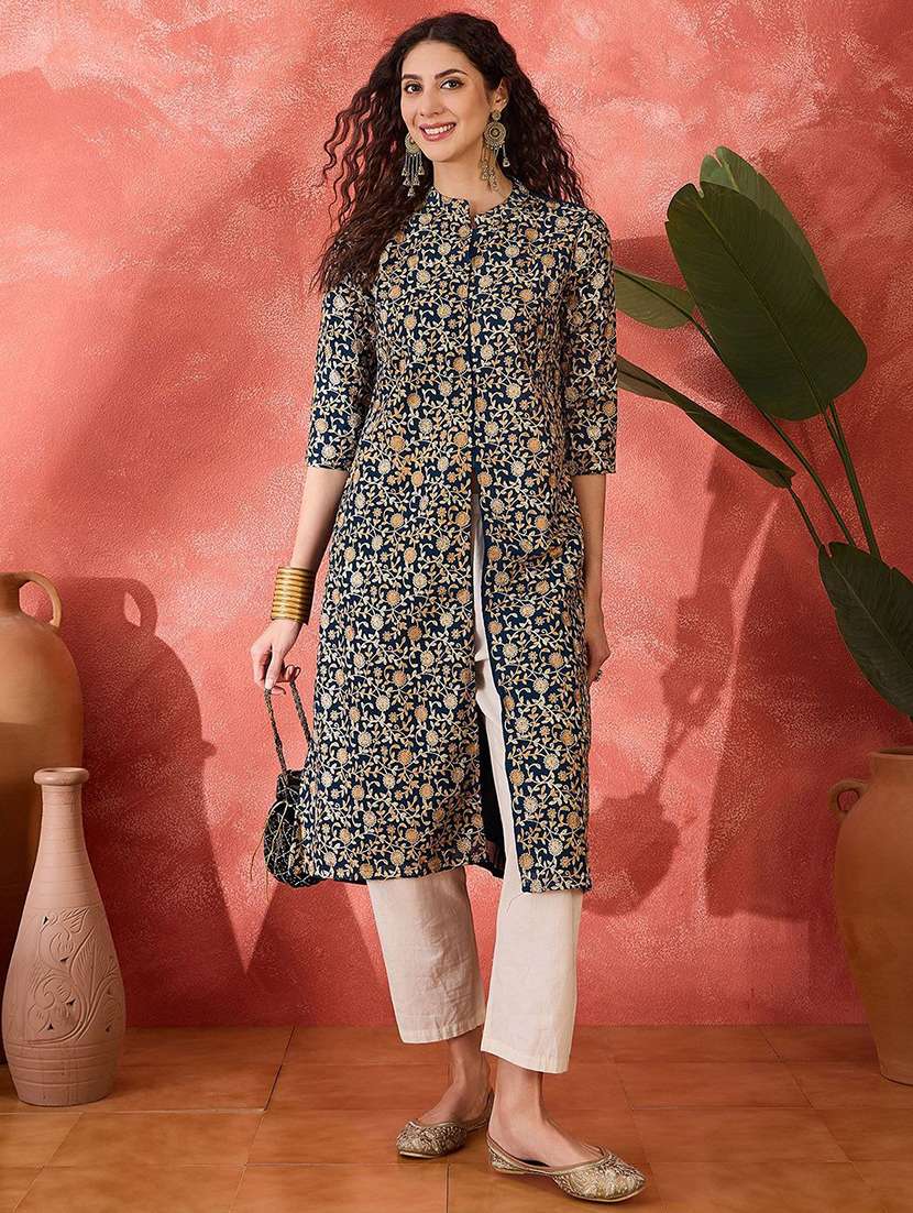 women embroidered three quarter sleeves a-line kurta - 22579188 -  Standard Image - 2