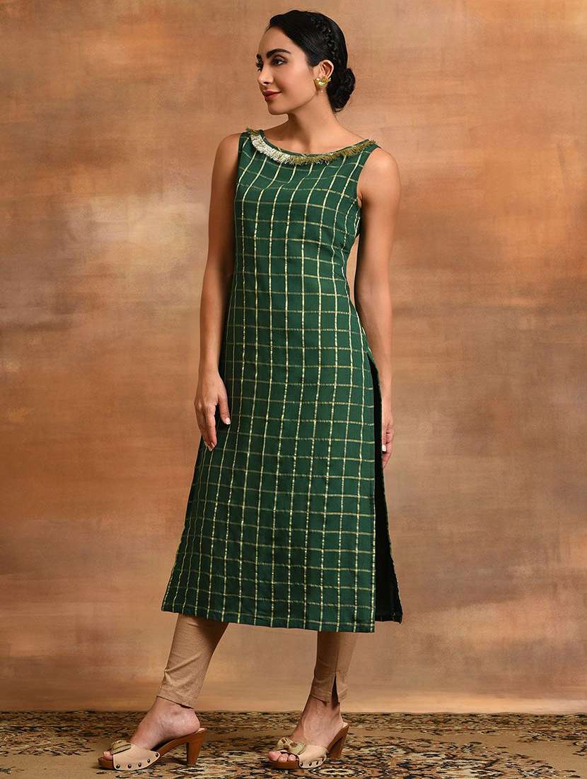 women printed sleeveless straight kurta