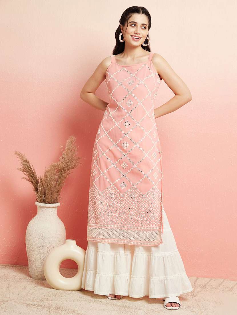 women embroidered shoulder strap straight kurta - 22579193 -  Standard Image - 2