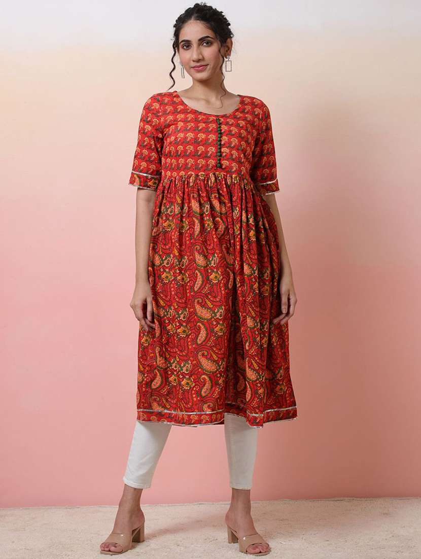 women printed short sleeve a-line kurta - 22579199 -  Standard Image - 2