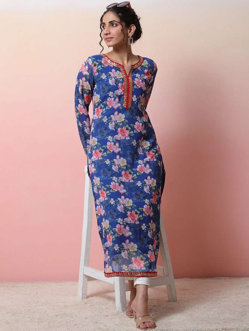 women printed long sleeves straight kurta