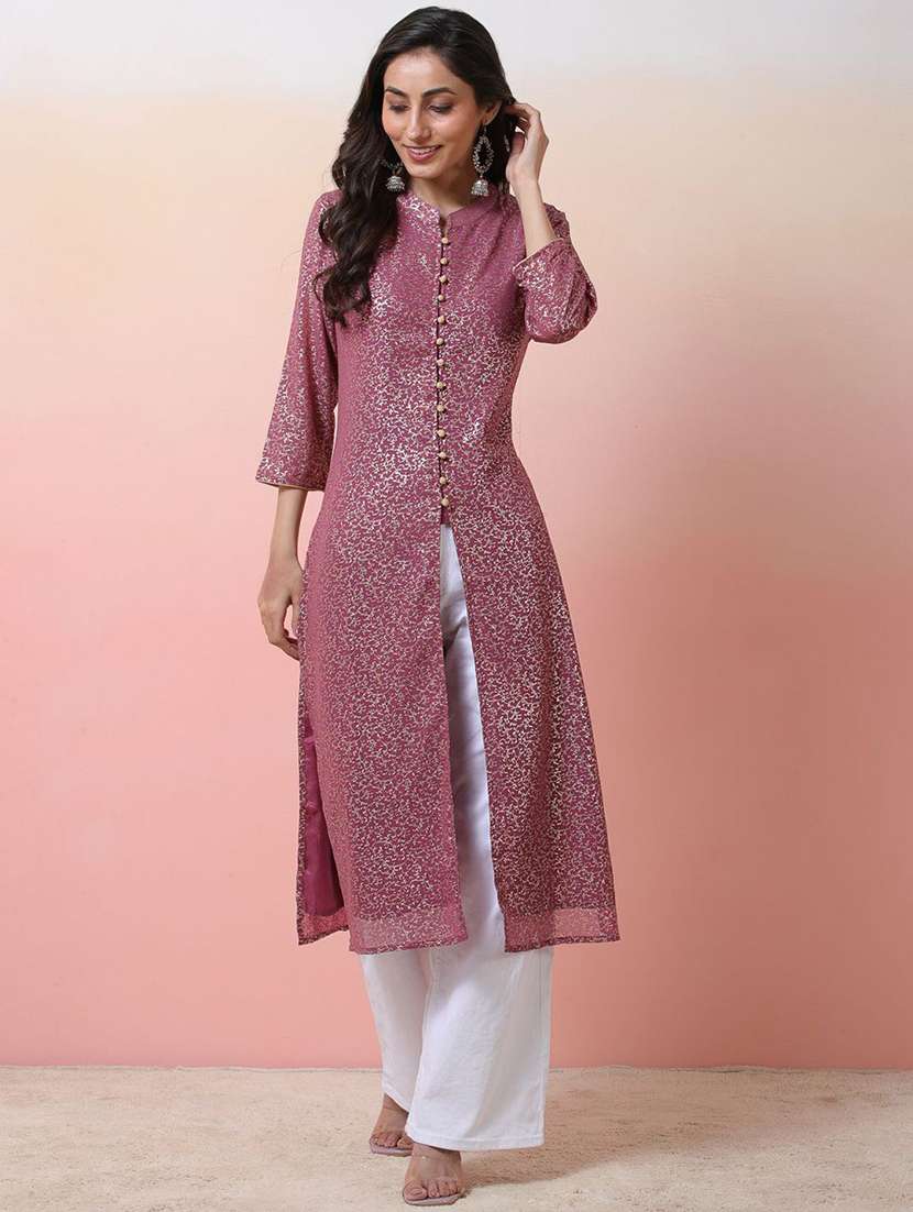 women foil printed three quarter sleeve straight kurta