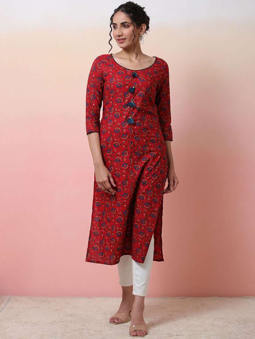 women printed three quarter sleeves straight kurta