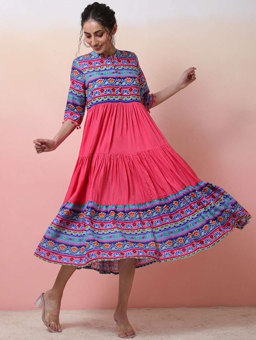 women printed three quarter sleeve ethnic dress - 22579210 -  Standard Image - 2