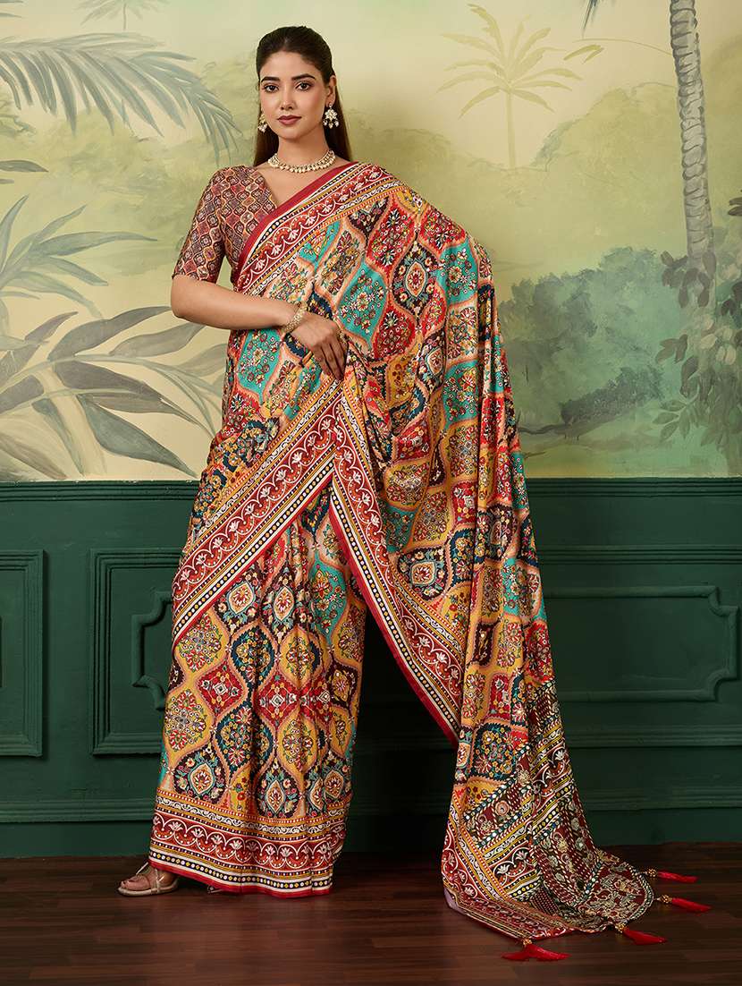 women printed mirror work saree with blouse - 22579260 -  Standard Image - 2