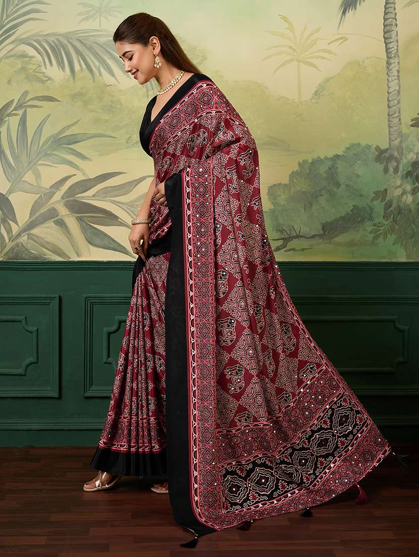 women printed mirror work saree with blouse - 22579264 -  Standard Image - 2