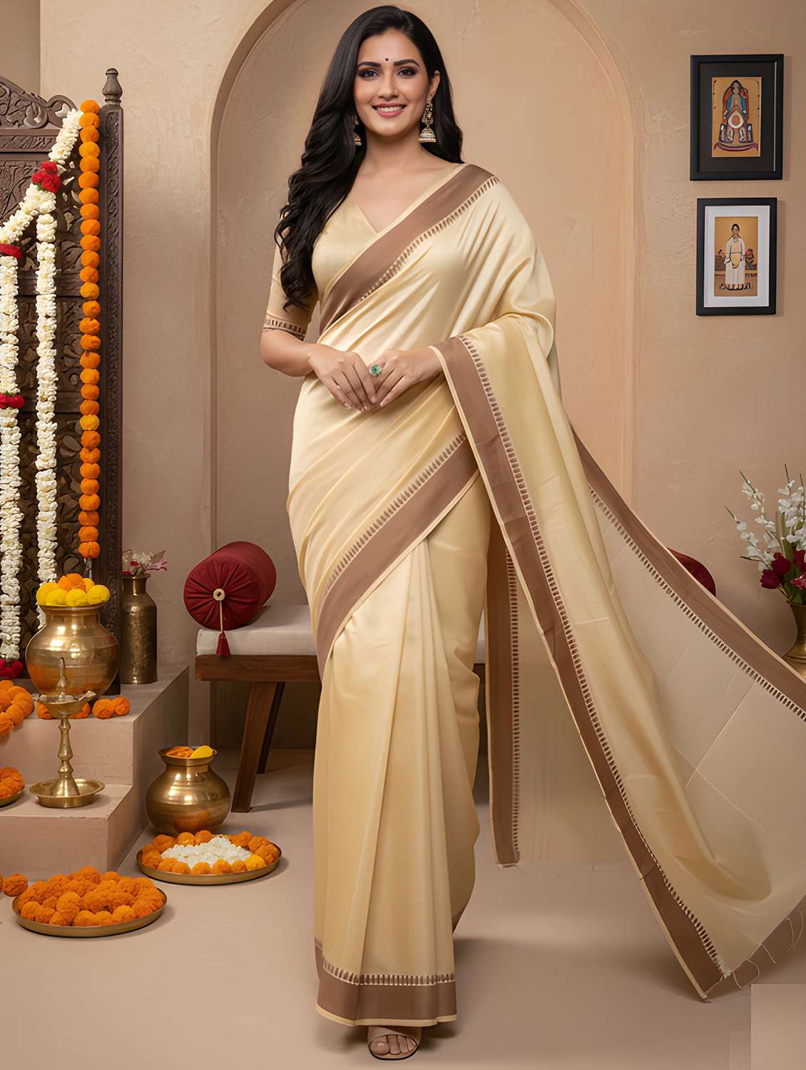 women solid with bordered saree with blouse