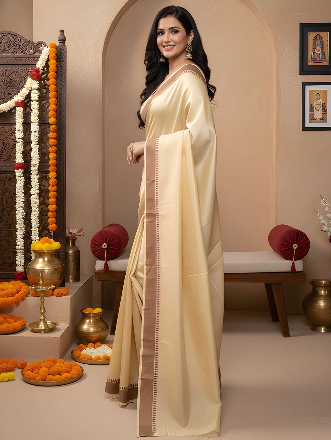 Women Solid With Bordered Saree With Blouse - 22579286 -  Standard Image - 2