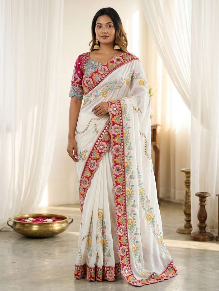 women solid with work embroidered saree with blouse