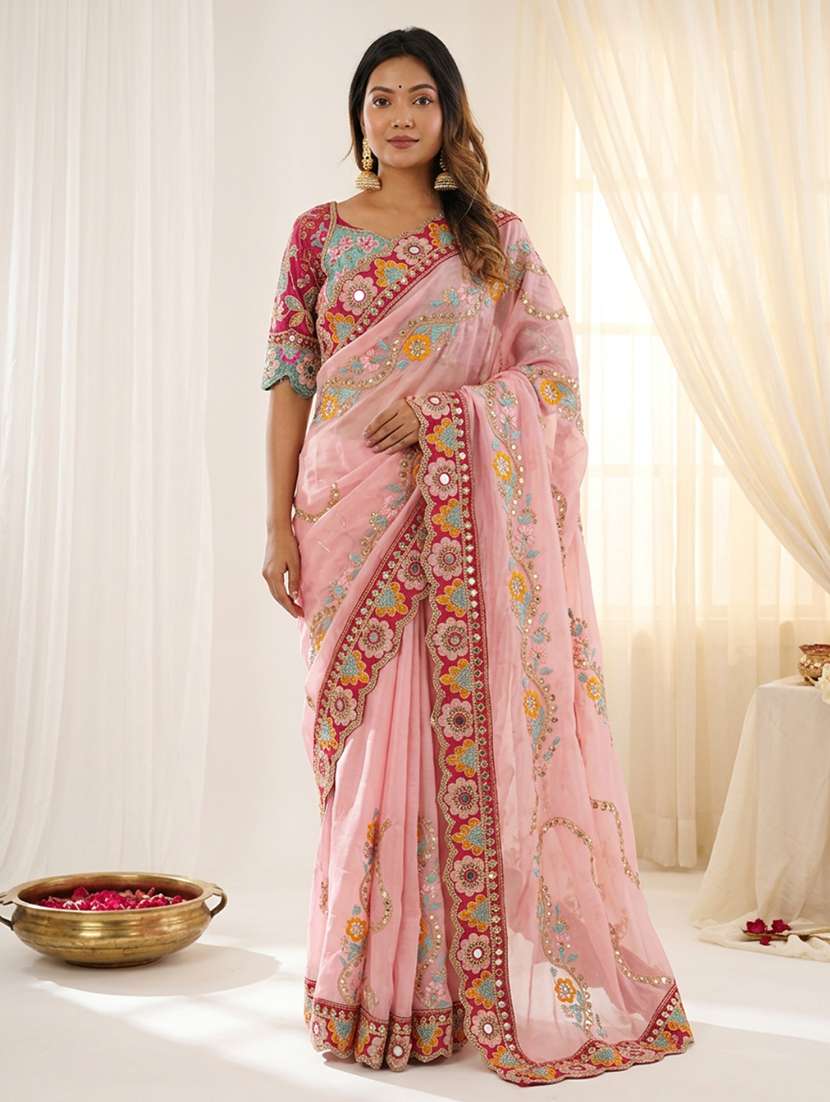 women solid with work embroidered saree with blouse