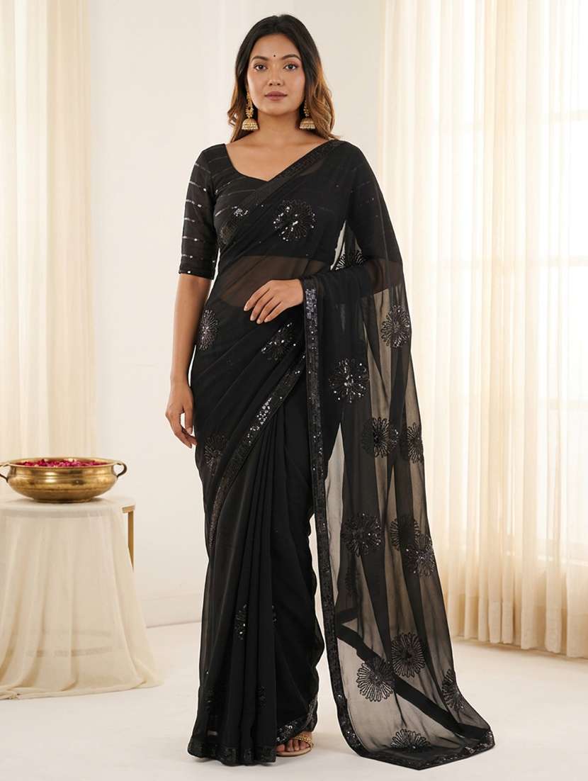 women solid with work embroidered saree with blouse