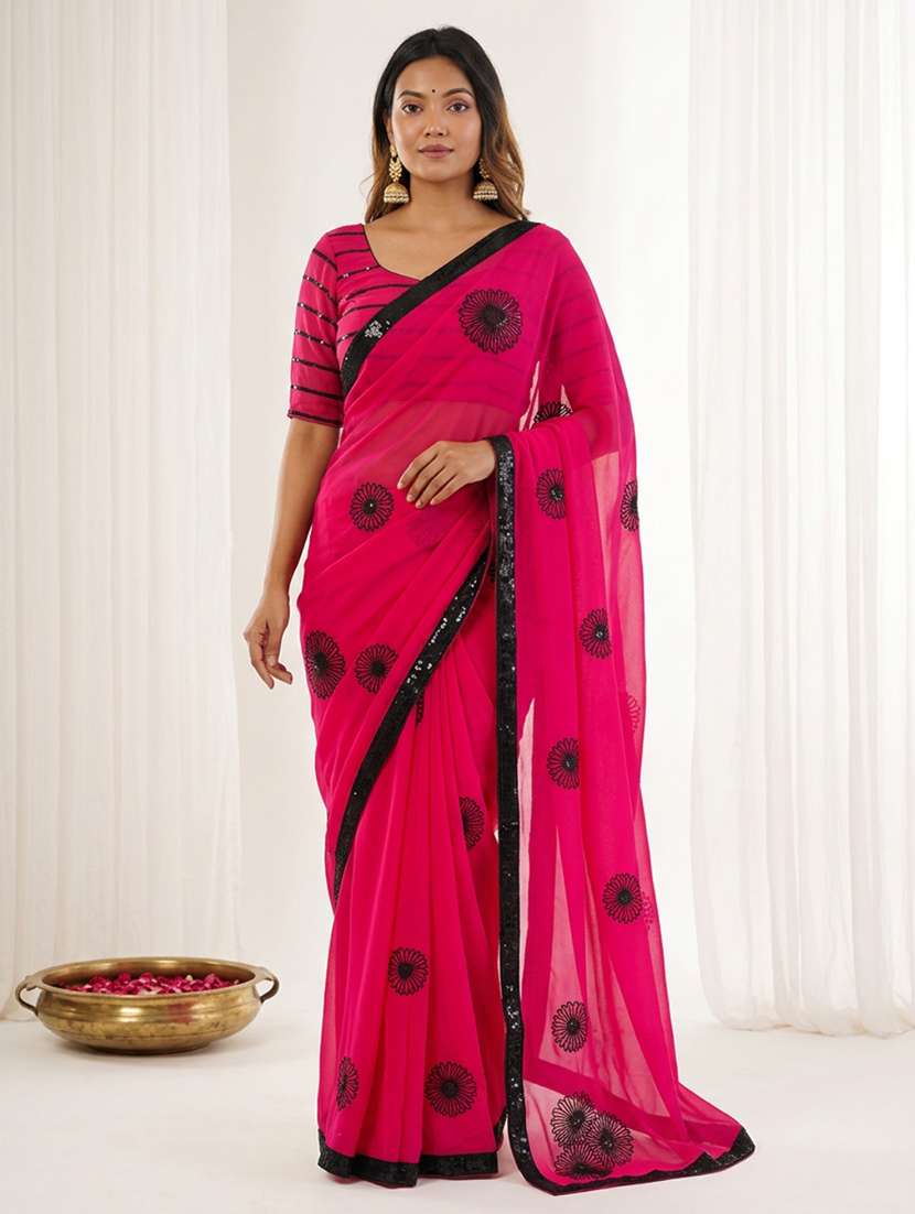 women solid with work embroidered saree with blouse
