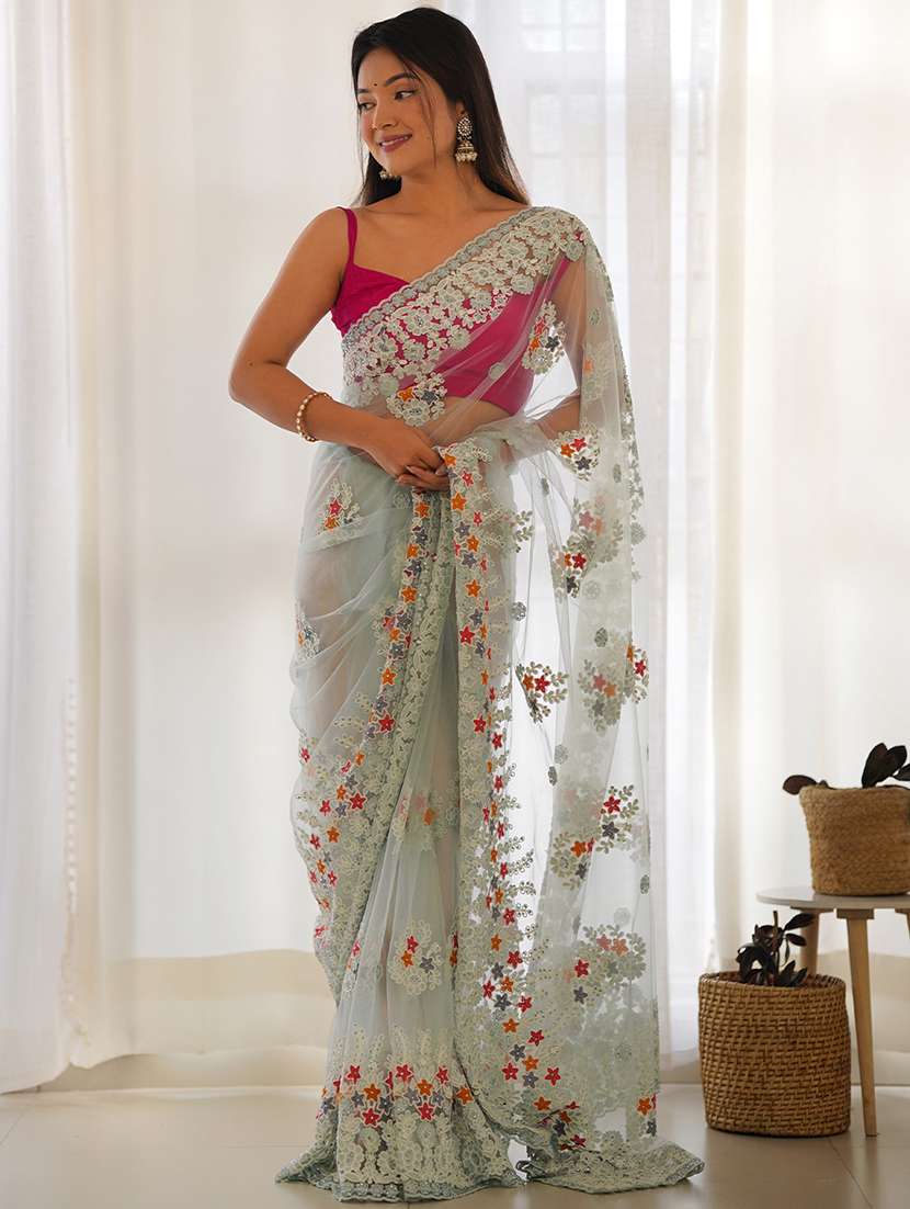 women solid with work embroidered saree with blouse