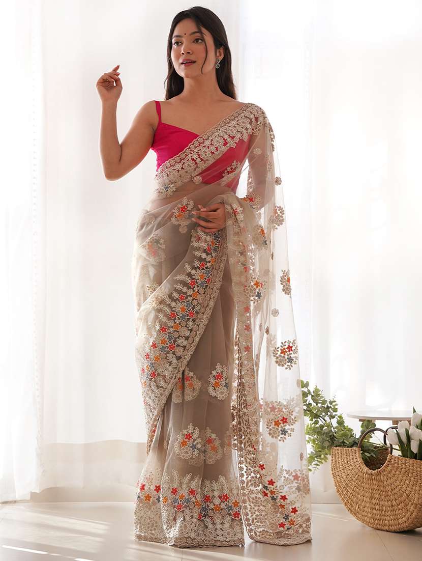 women solid with work embroidered saree with blouse - 22579355 -  Standard Image - 2