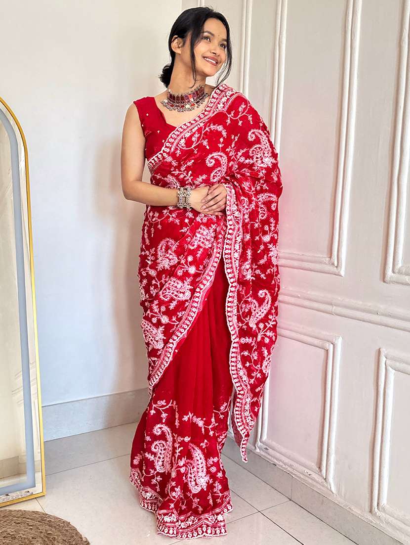 women solid with work embroidered saree with blouse - 22579358 -  Standard Image - 2