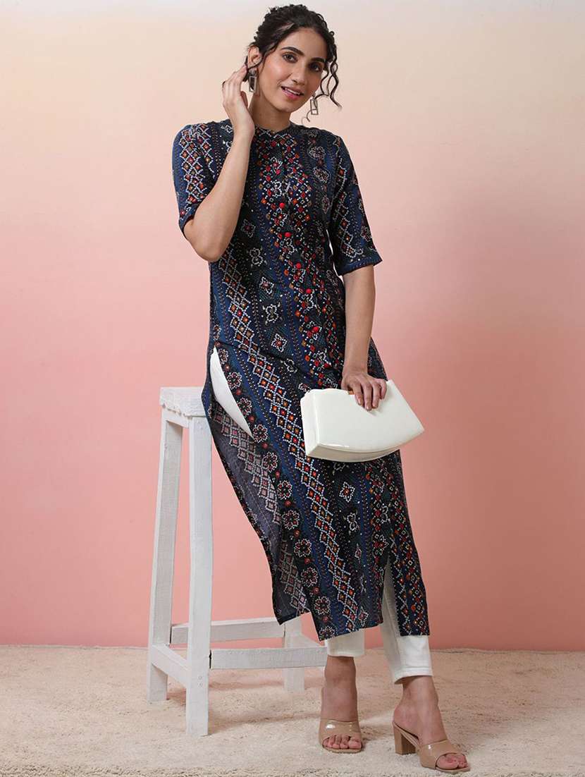 women printed short sleeves straight kurta