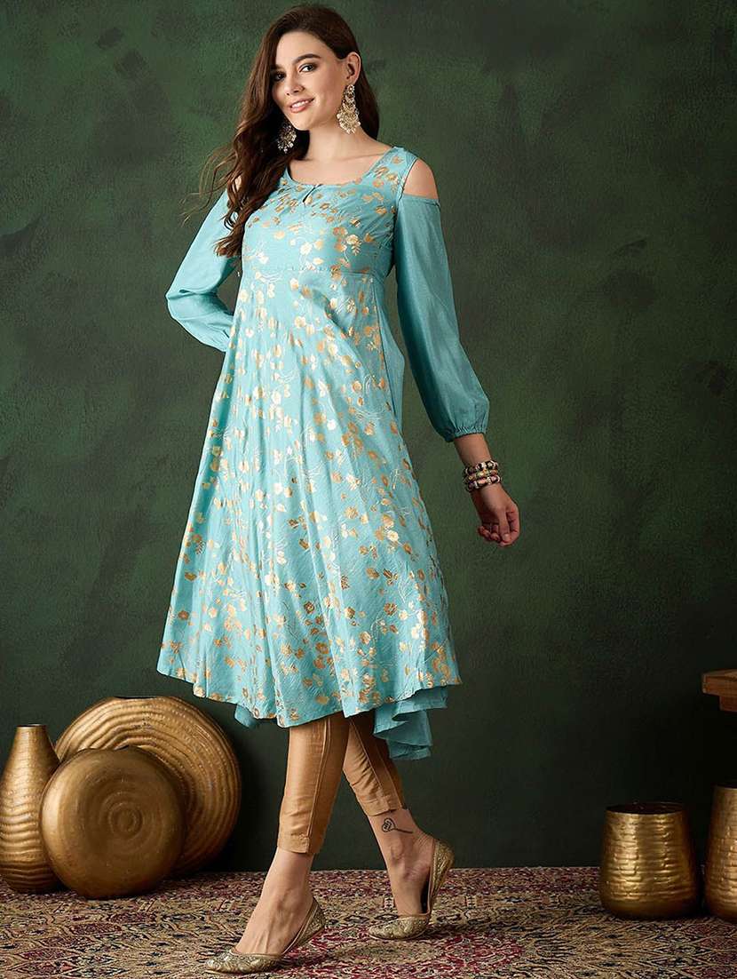 women foil printed cold shoulder anarkali kurta - 22579390 -  Standard Image - 2