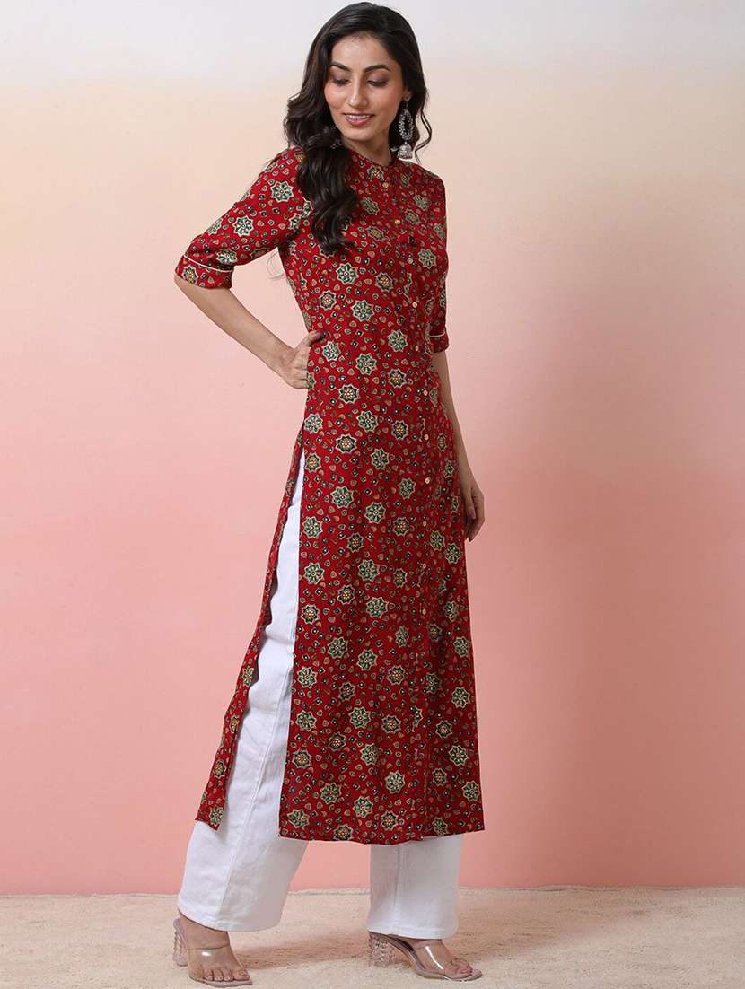 women printed three quarter sleeves straight kurta - 22579392 -  Standard Image - 2
