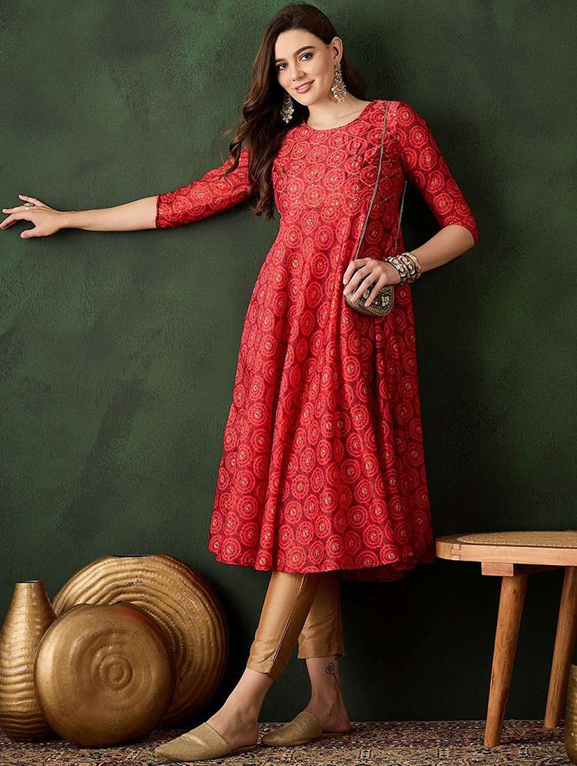 women printed round neck anarkali kurta