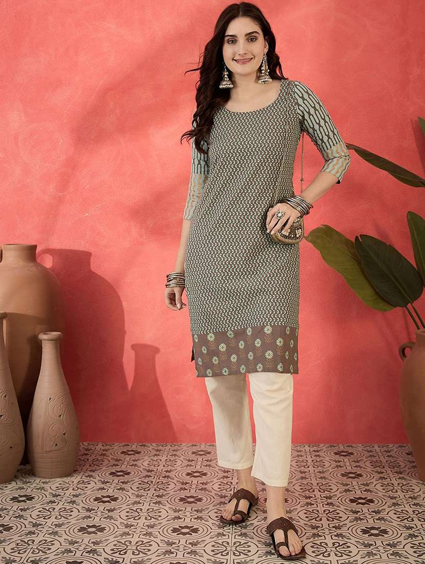women printed round neck straight kurta