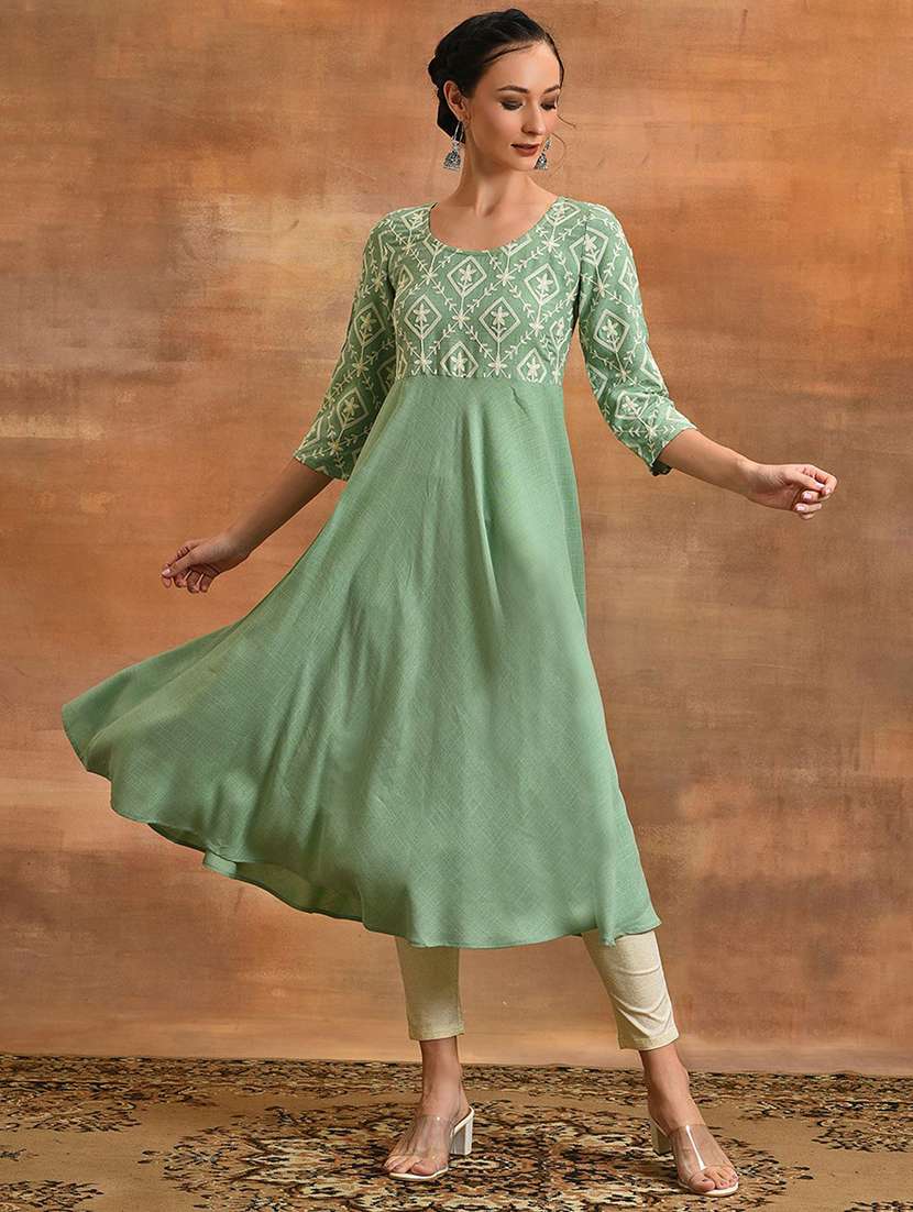 women embroidered three quarter sleeves anarkali kurta - 22579399 -  Standard Image - 2