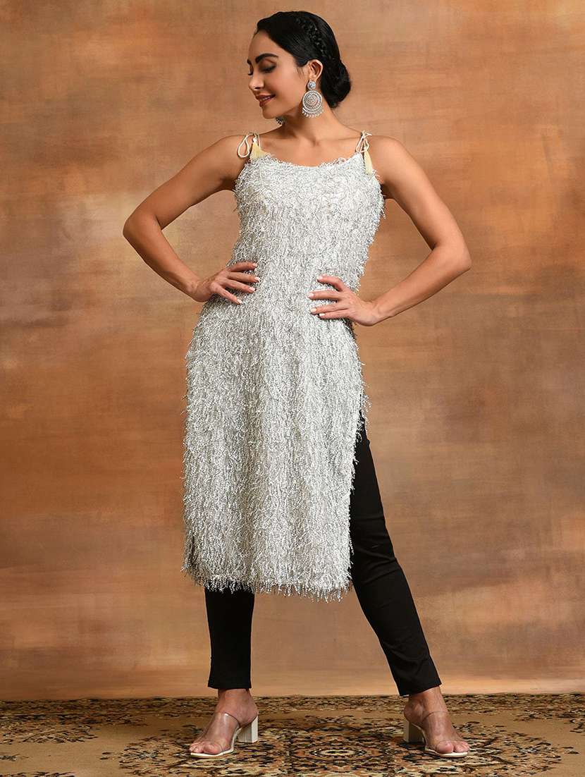 women embellished shoulder strap straight kurta - 22579400 -  Standard Image - 2