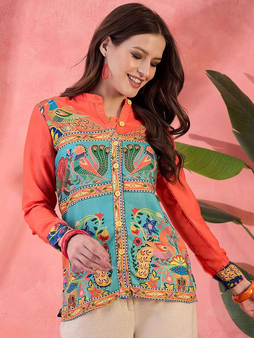 women printed long sleeves shirtt with crop top - 22579431 -  Standard Image - 2