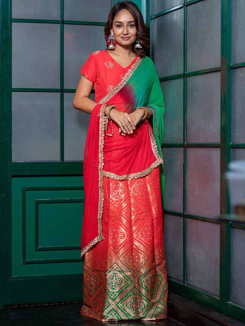 women self design short sleeves lehenga choli set