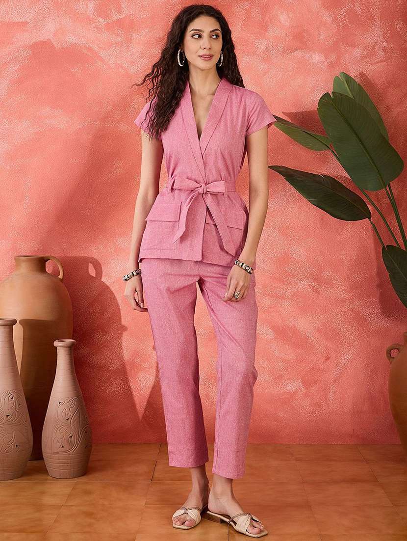 women solid short sleeves jacket and trouser co-ord set - 22579501 -  Standard Image - 2