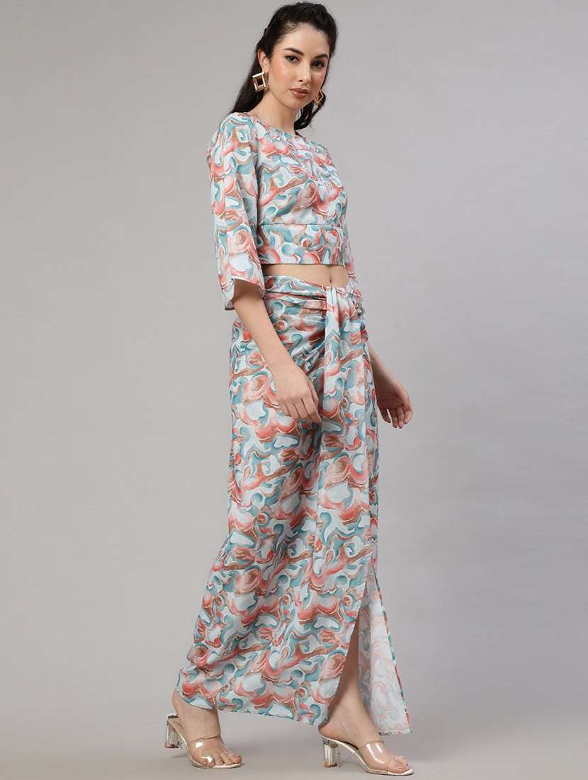 women printed three quarter sleeves top and skirt co-ord set  - 22579510 -  Standard Image - 2