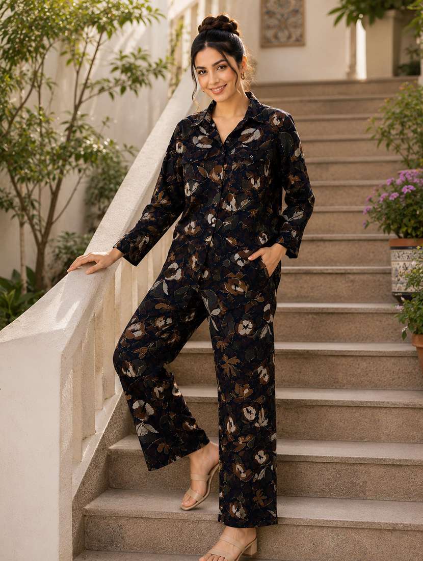 women printed long sleeve shirt & trouser co-ord set - 22579545 -  Standard Image - 2