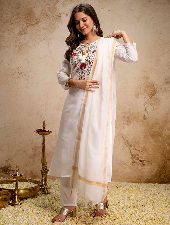 women embroidered three quarter sleeves kurta pant set with dupatta - 22579548 -  Standard Image - 2